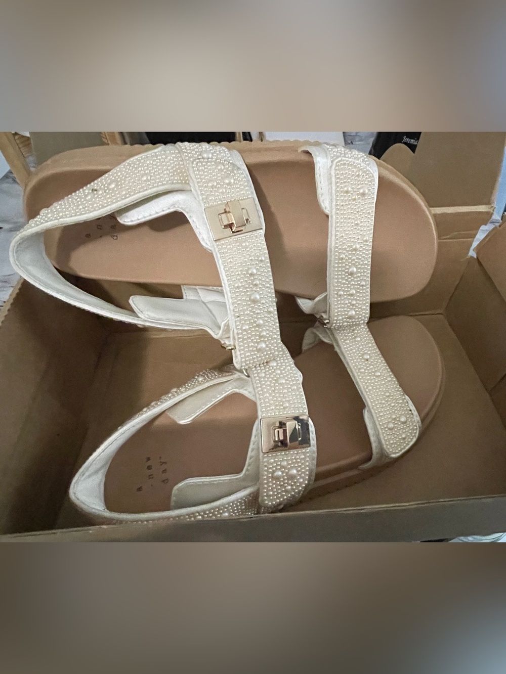 a new day White Pearl-Embellished Girls' Sandals with Gold Accents